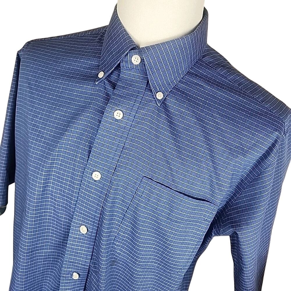 LL Bean Shirt Mens Size Large Tall Blue Short Sleeve Button Down Check Cotton